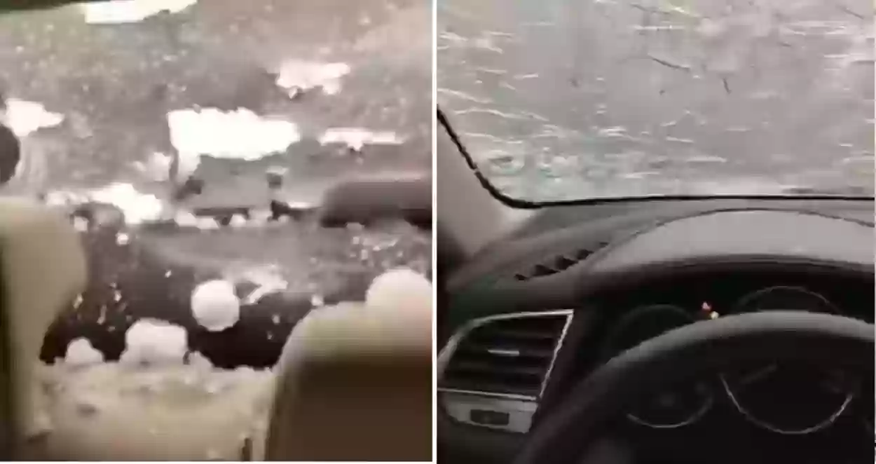 شاهد بالفيديو لحظة تحطم زجاج سيارة في السعودية نتيجة الأمطار